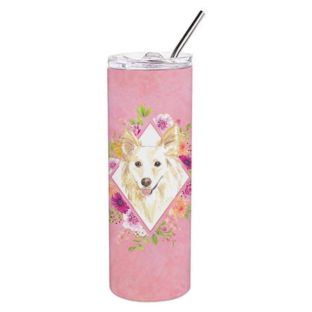 CK4201TBL20 20 Oz White Collie Pink Flowers Double Walled Stainless Steel Skinny Tumbler