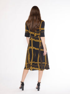 Twisted Mock Neck Chain-Print A-line Midi Dress