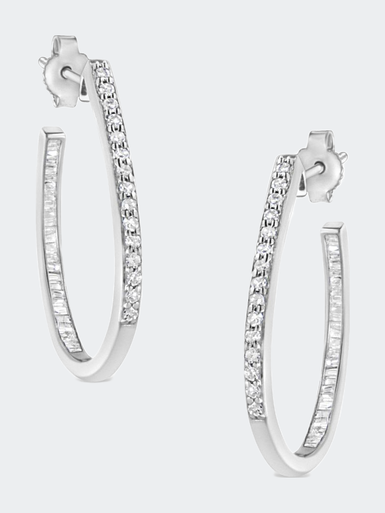 10K White Gold, ½ Cttw Diamond, ½ Cttw Lab-Grown Blue Sapphire Leverback Hoop Earrings