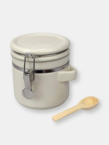4 Piece Ceramic Canisters with Easy Open Air-Tight Clamp Top Lid and Wooden Spoons, Beige