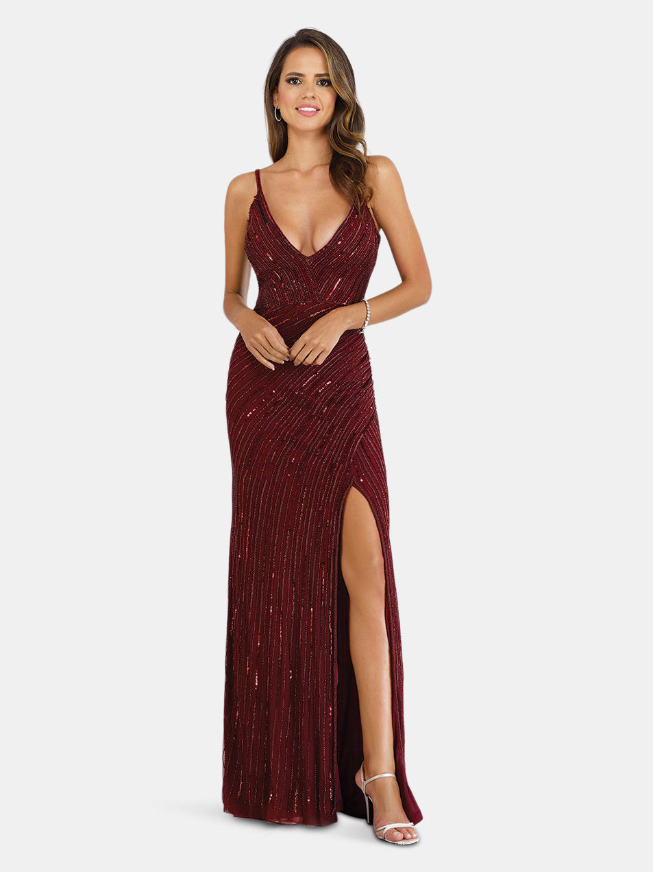 Spaghetti Strap Beaded Gown With Slit