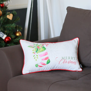 Decorative Christmas Stocking Single Throw Pillow Cover 12" x 20" White & Red Lumbar For Couch, Bedding