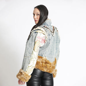 Faux Fur And Brocade Embellished Denim Jacket
