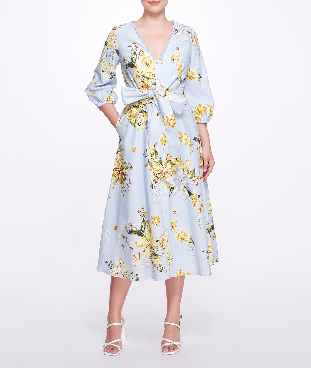 A-line Midi Dress With Balloon Sleeves - Dusty Blue