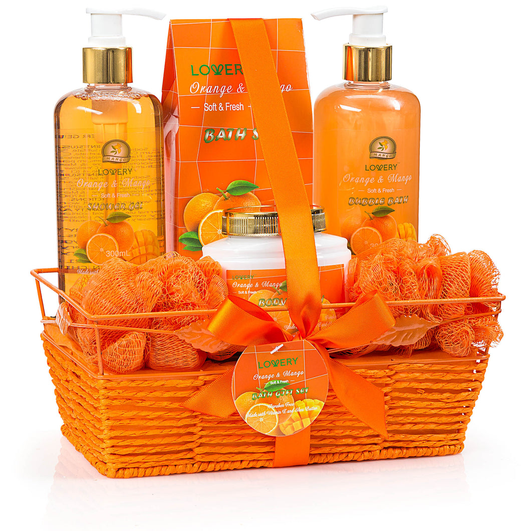 Lovery Home Spa Gift Basket - Orange & Mango Scent - 7 pc Bath and Body set