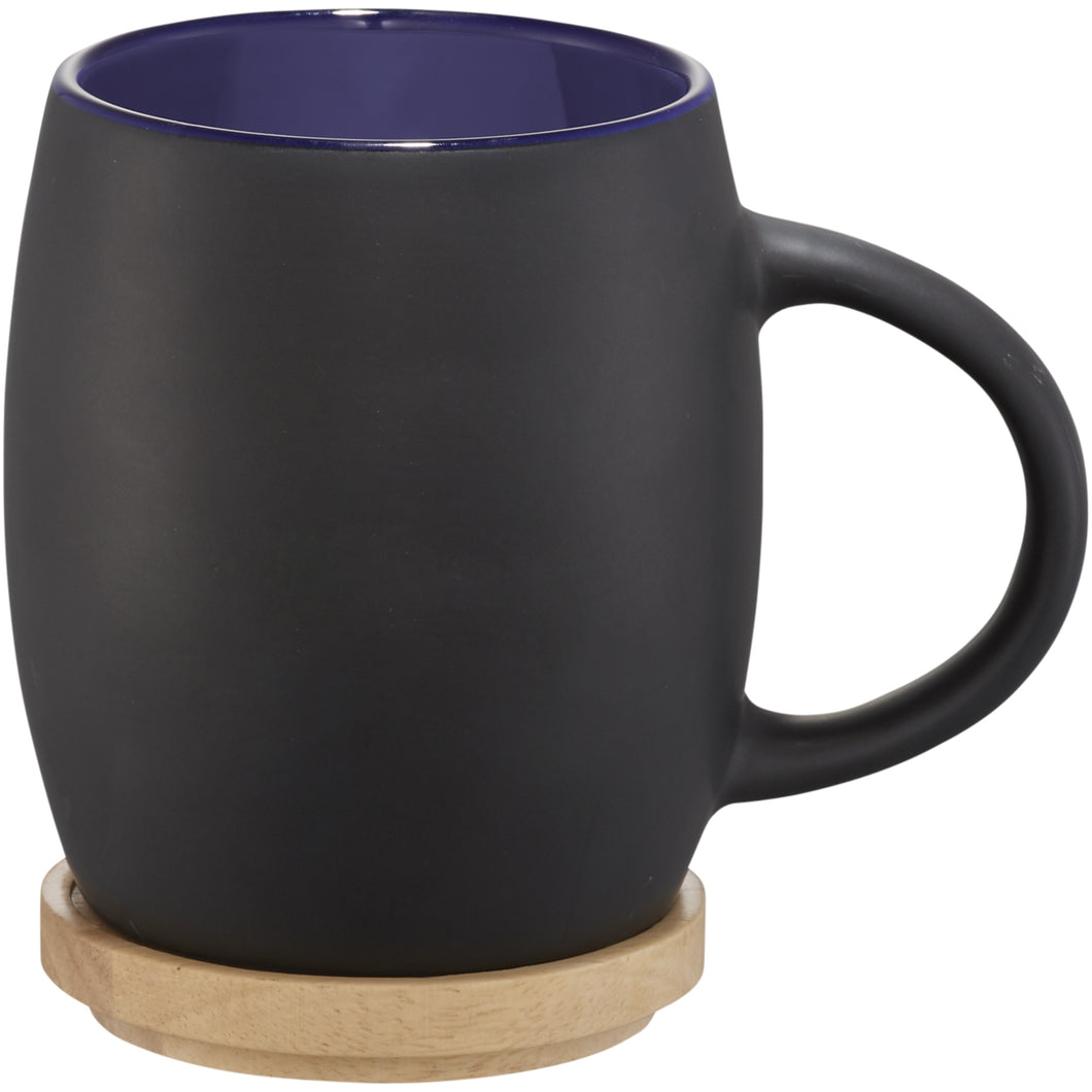Avenue Hearth Ceramic Mug With Wood Lid/Coaster (Pack of 2) (Solid Black/Blue) (4.1 x 3 inches)