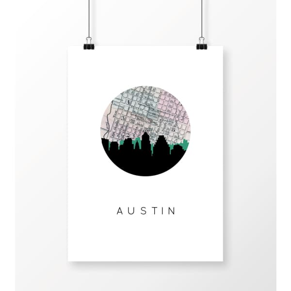 Austin, Texas City Skyline With Vintage Austin Map