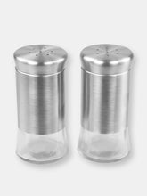 Load image into Gallery viewer, Michael Graves Design Essence 2 Piece 2.5 Ounce Stainless Steel Salt and Pepper Set with Clear Glass Bottoms, Silver