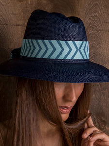 TROPICANA Hand-Woven Sun Hat With Asymmetric Crown and Silk Ribbon – Navy Blue