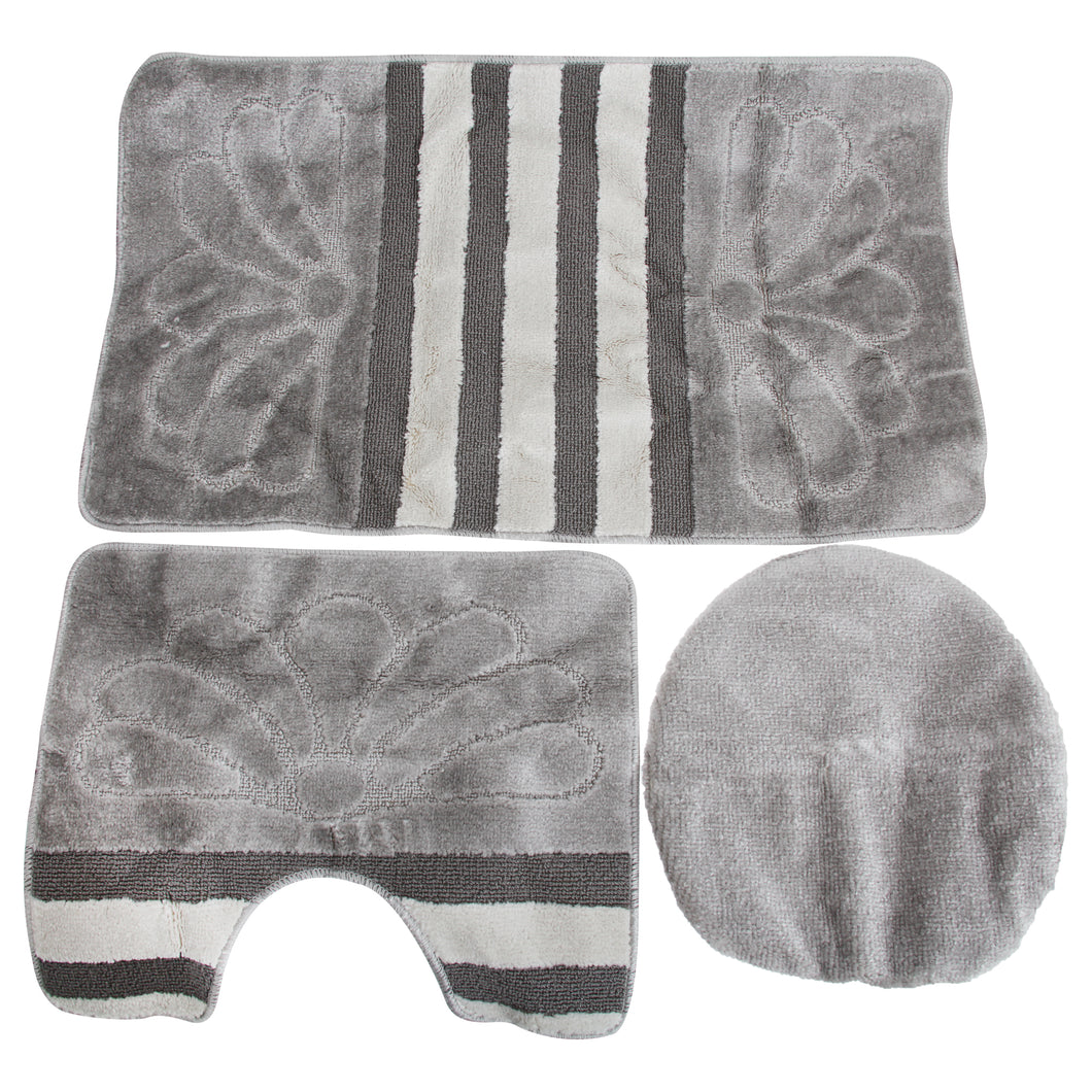 3 Piece Stripe & Flower Pattern Design Bathroom Mat Set (Silver) (42in x 24in)