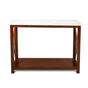 Agatha 39" Rectangular Italian Carrara White Marble Console Table With Walnut Color Solid Wood Legs