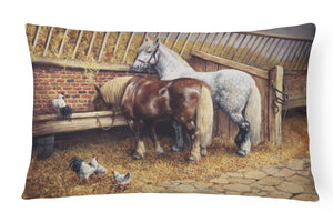 12 in x 16 in  Outdoor Throw Pillow Horses Eating with the Chickens Canvas Fabric Decorative Pillow