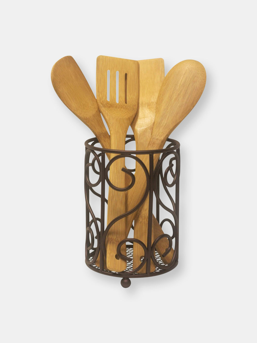 Scroll Collection Steel Cutlery Holder with Mesh Bottom and Non-Skid Feet, Bronze