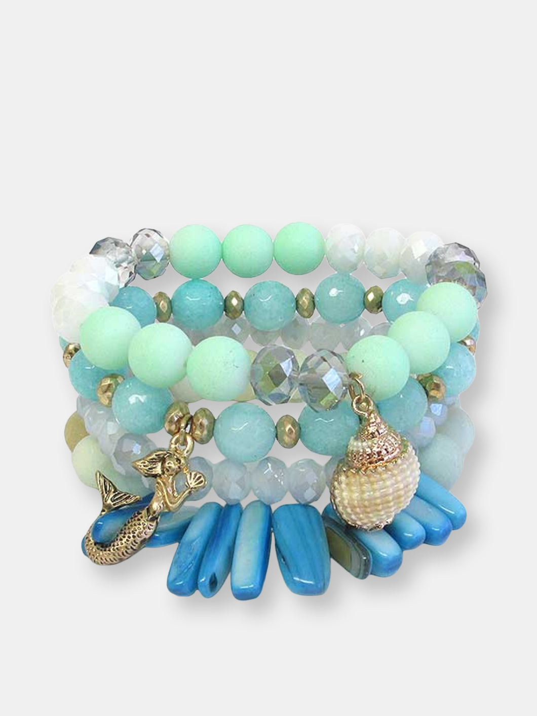 Sea Life Natural Shell and Mermaid Charm Beaded Stretch Bracelet