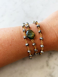 Hana Wrap Bracelet/Necklace in Polished Pyrite with Labradorite - Round Stone