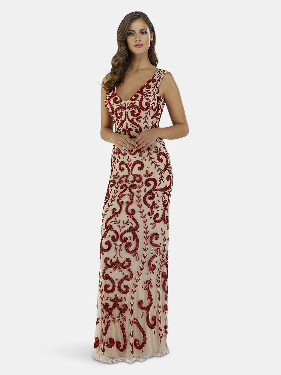 Lara 29536 - Nude/Red Beaded Pattern Dress