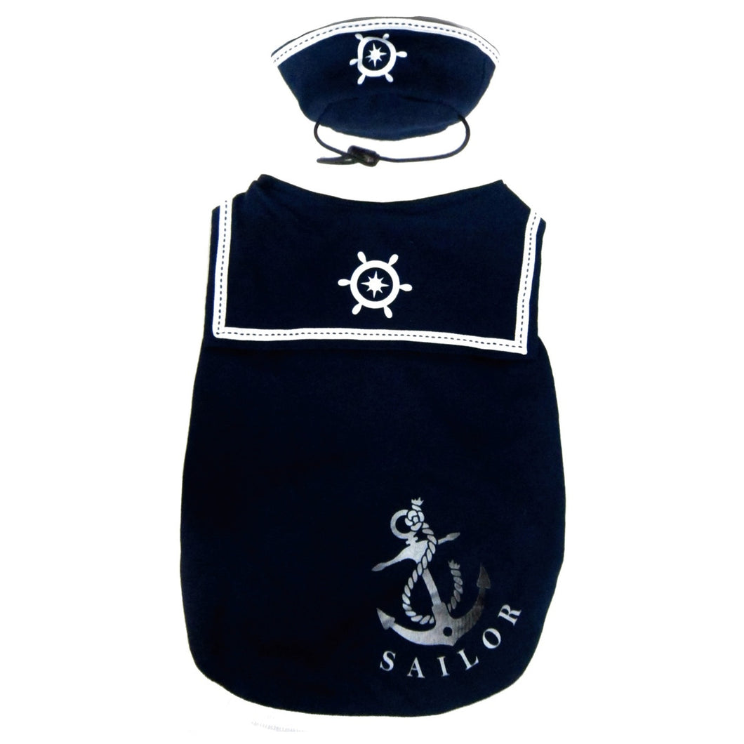 Pet Brands Happy Puppy Sailor Dog Top With Hat (Navy Blue) (Small)