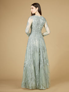 Lara 29209 - Long Sleeve Lace Ballgown with V-Neck