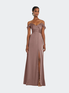 Off-The-Shoulder Flounce Sleeve Empire Waist Gown With Front Slit