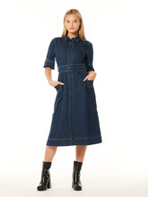 Load image into Gallery viewer, Collared Button-Down Buckle-Belt Midi Denim Dress