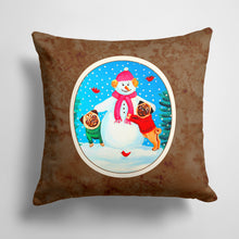 Load image into Gallery viewer, 14 in x 14 in Outdoor Throw PillowSnowman with Pug Winter Snowman  Fabric Decorative Pillow