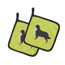 Load image into Gallery viewer, Bernese Mountain Dog Checkerboard Green Pair of Pot Holders