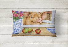Load image into Gallery viewer, 12 in x 16 in  Outdoor Throw Pillow Pig trying to reach the Apple in the Window  Canvas Fabric Decorative Pillow
