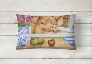 12 in x 16 in  Outdoor Throw Pillow Pig trying to reach the Apple in the Window  Canvas Fabric Decorative Pillow