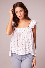 Load image into Gallery viewer, Echo White And Navy Dot Ruffle Top - White/Navy