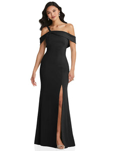 One-Shoulder Draped Cuff Maxi Dress With Front Slit