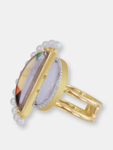 My Colorful Legacy Pearl & Moonstone Diamond Open Ring In 14K Yellow Gold Plated Sterling Silver