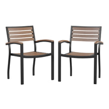 Load image into Gallery viewer, Aluminum Stacking Chairs with Faux Teak Slatted Back and Seat and Faux Teak Accented Arms - Set of Two