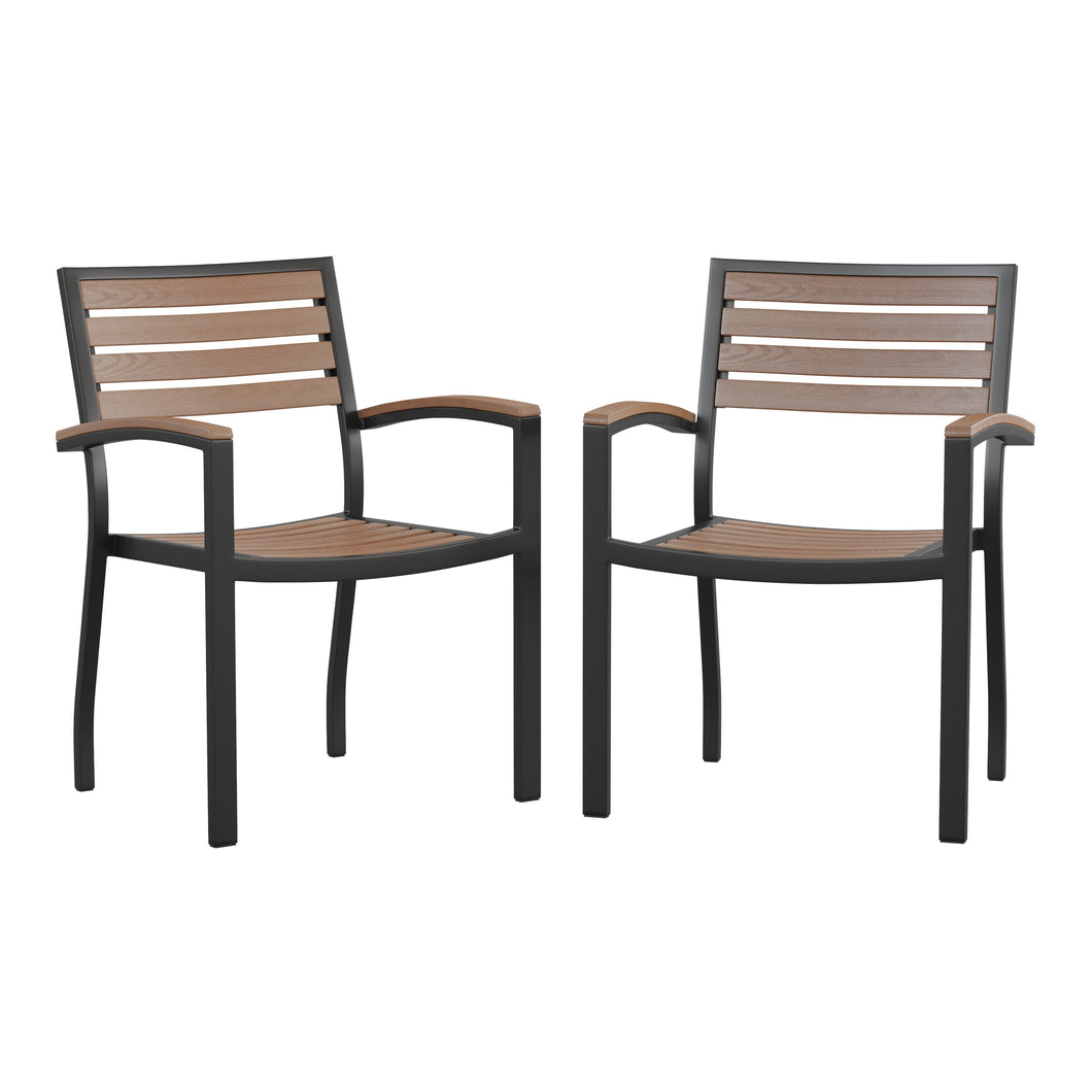 Aluminum Stacking Chairs with Faux Teak Slatted Back and Seat and Faux Teak Accented Arms - Set of Two