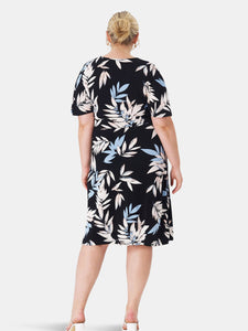 Betty Dress in Pastel Leaves Navy (Curve)
