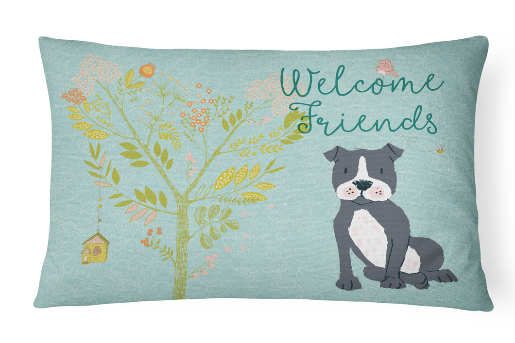 12 in x 16 in  Outdoor Throw Pillow Welcome Friends Black Staffie Canvas Fabric Decorative Pillow