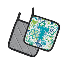 Load image into Gallery viewer, Letter T Flowers and Butterflies Teal Blue Pair of Pot Holders