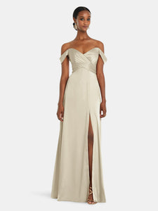 Off-The-Shoulder Flounce Sleeve Empire Waist Gown With Front Slit
