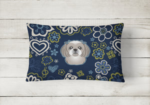 12 in x 16 in  Outdoor Throw Pillow Blue Flowers Gray Silver Shih Tzu Canvas Fabric Decorative Pillow