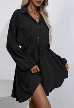 Load image into Gallery viewer, Button Collared Lantern Sleeve Ruffle Dress