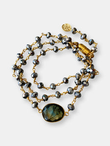Hana Wrap Bracelet/Necklace in Polished Pyrite with Labradorite - Round Stone