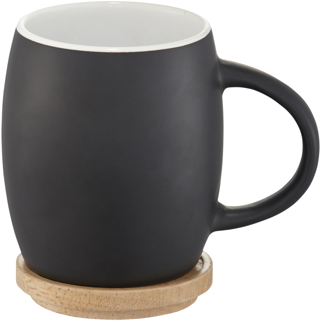 Avenue Hearth Ceramic Mug With Wood Lid/Coaster (Pack of 2) (Solid Black/White) (4.1 x 3 inches)