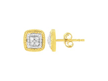 Load image into Gallery viewer, 10K Yellow Gold Plated .925 Sterling Silver 1/10 Cttw Prong-Set Round Cut Diamond Square Shape with Milgrain Halo Stud Earrings