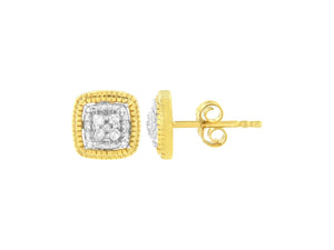 10K Yellow Gold Plated .925 Sterling Silver 1/10 Cttw Prong-Set Round Cut Diamond Square Shape with Milgrain Halo Stud Earrings