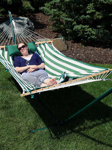 Rope Hammock with 12' Steel Stand Pad Pillow Green White Stripe Outdoor Patio
