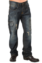 Load image into Gallery viewer, Men&#39;s Relaxed Premium Denim Jeans Distressed Dark Blue Wash Utility Cargo Pockets