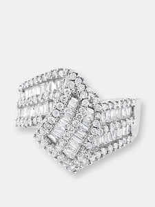 14K White Gold 1-1/2 Cttw Round and Baguette Diamond Bypass Cocktail Ring Band