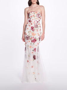 Sleeveless Embroidered Tulle Gown - Ivory
