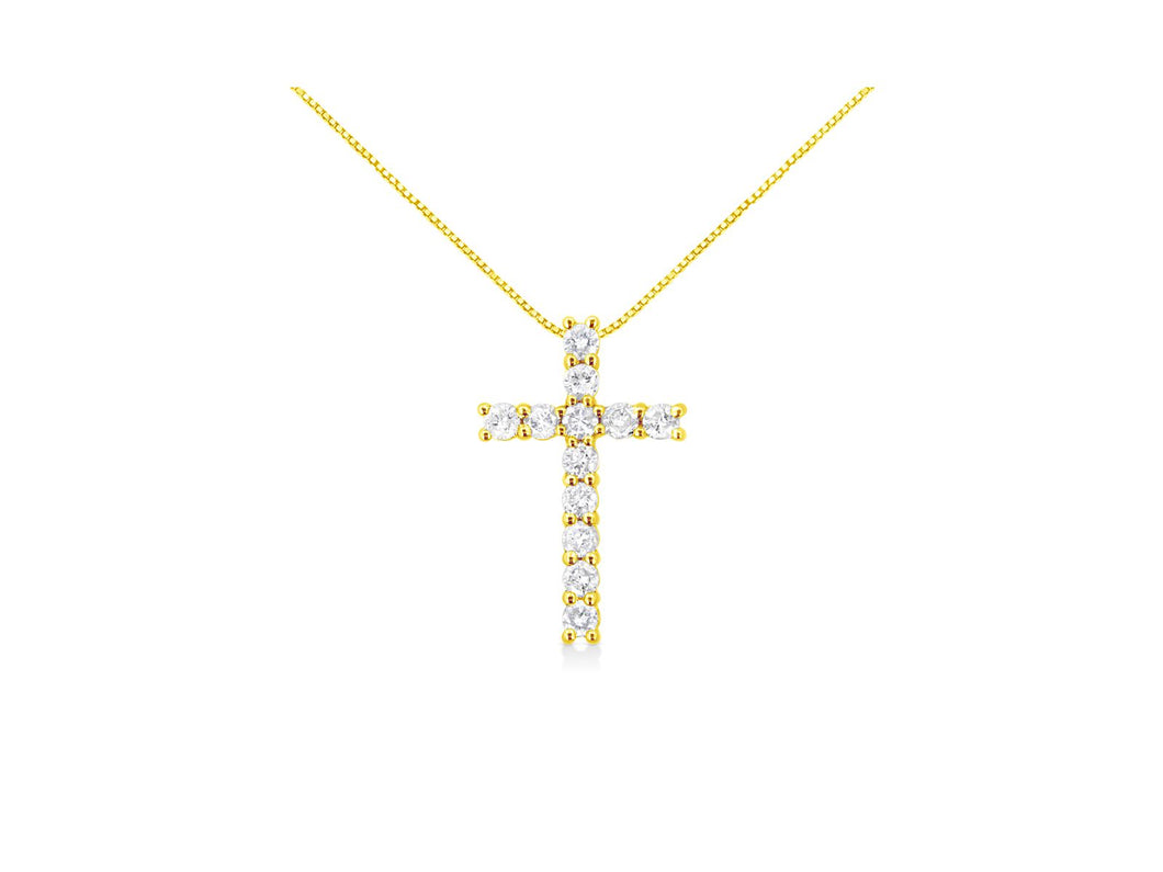 10K Yellow Gold 1.0 Cttw Shared Prong Set Round Brilliant Cut Diamond Cross 18