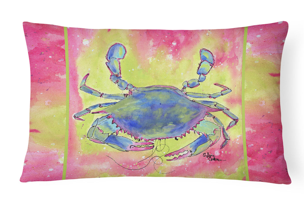 12 in x 16 in  Outdoor Throw Pillow Blue Crab Bright Pink and Green Canvas Fabric Decorative Pillow