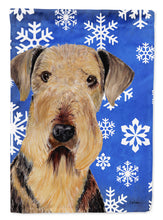Load image into Gallery viewer, 11&quot; x 15&quot; 1/2&quot; Polyester Airedale Winter Snowflakes Holiday Garden Flag 2-Sided 2-Ply